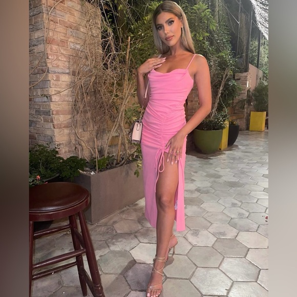 Light Pink Ruched Corset Midi Wedding Party Dress - Picture 3 of 11